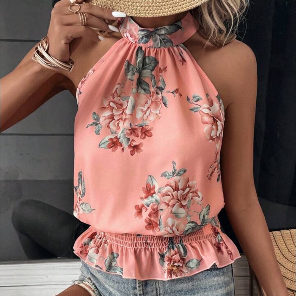 Small Coral Pink Sleeveless Blouse Mock Neck smocked Waist Floral Print Halter - Picture 6 of 6